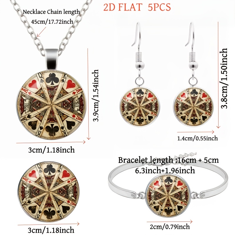 5pc Playing Card Themed Women's Jewelry Set, Necklace & Earrings